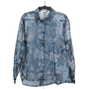 Sheer Blue Floral Button Up Shirt L Y2K Lace Fairy Whimsigoth Boho Collar Black